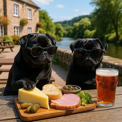 Pugs enjoying a Ploughman's Lunch in the Wye Valley