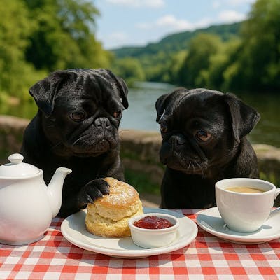 Pugs enjoying a Cream Tea oat Symonds Yat