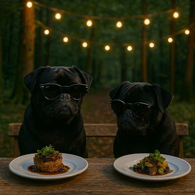 Pugs enjoying a forest feast in the Wye Valley